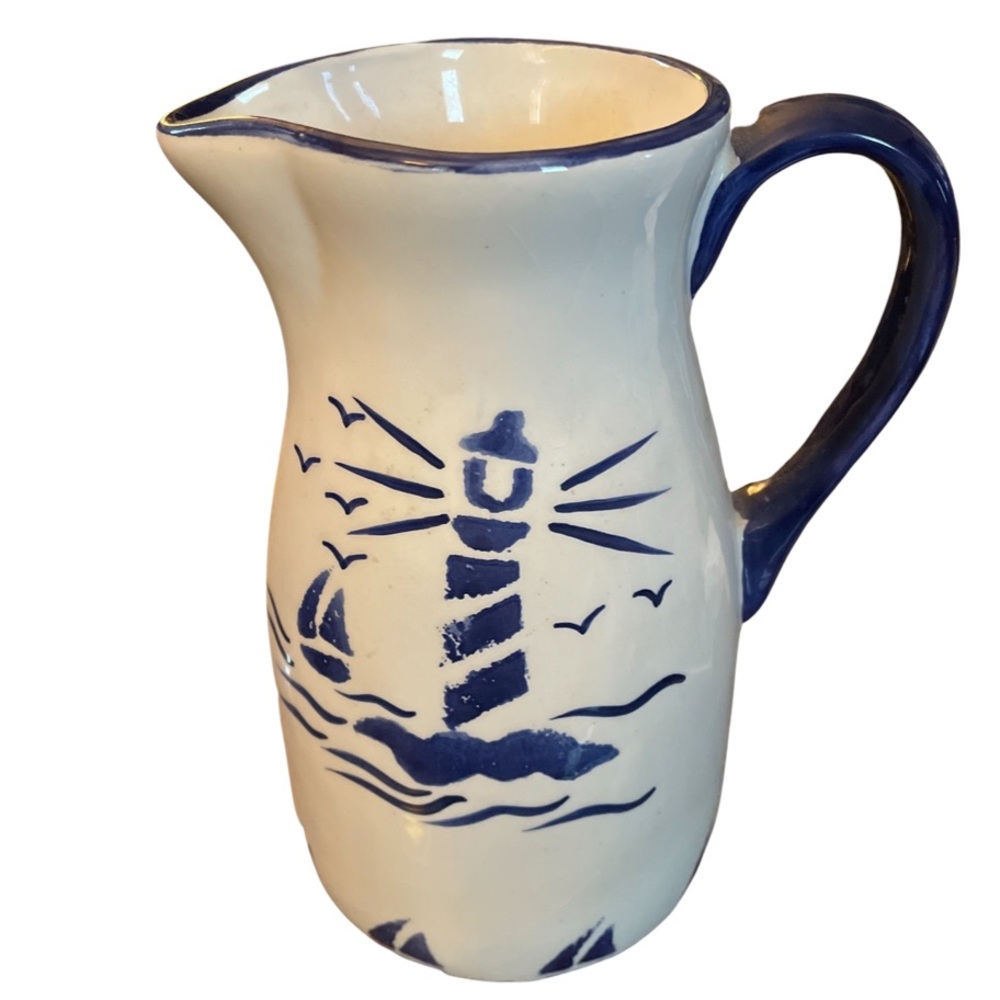 Ganz Pitcher in Blue & White Lighthouse Motif
